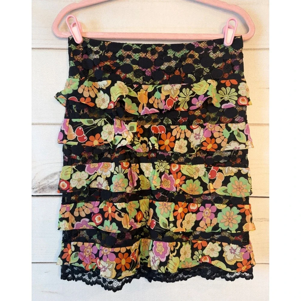 Muse Floral Ruffle Mini Skirt Black Lace Tiered Colorful Retro Boho Women Size 6